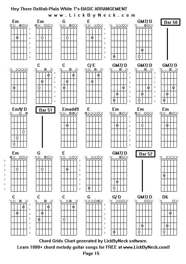 Chord Grids Chart of chord melody fingerstyle guitar song-Hey There Delilah-Plain White T's-BASIC ARRANGEMENT,generated by LickByNeck software.